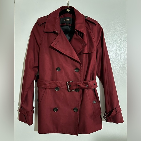 Coach Solid Short Trench Coat in Burgundy NWOT Size Medium - Picture 4 of 9